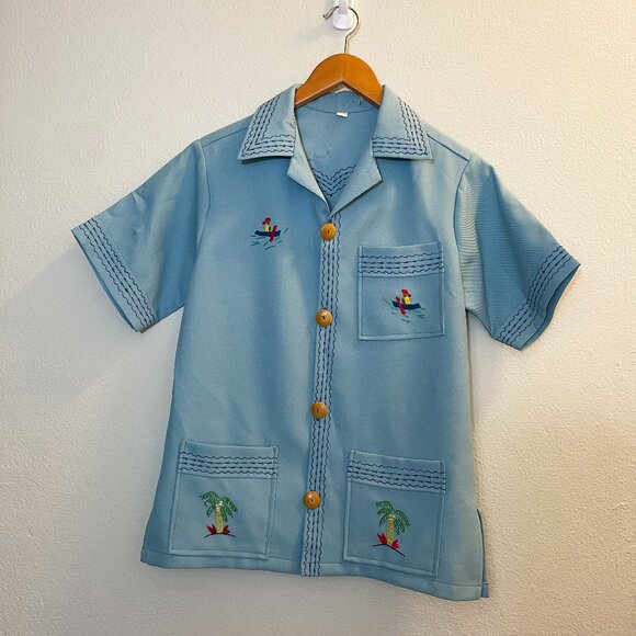 Vintage Men's 70’s Wide Neck Button Up Blue Shirt Unique Embroidery, Sz Small - Picture 1 of 8